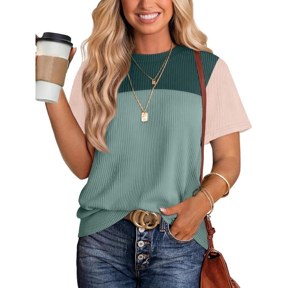 Womens Fashion 2026 Color Block Shirts Short Sleeve Crewneck Knitted Spring Summ